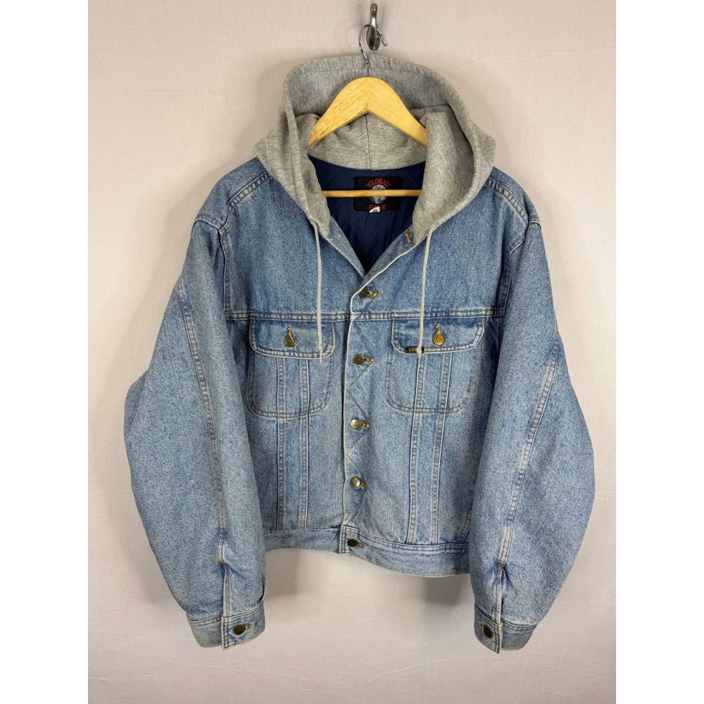 Lee 90s Vintage Mens Denim Jacket with Grey‎ Hood Quilted Lining  Blue Large